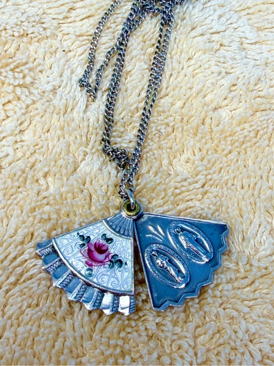 Vintage Jewelry - Vintage 925 Guilloche Enamel Rose Slide Hand Fan 4-Way Religious Medal Necklace